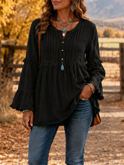 Damen-Vintage-Fringe-Trim-Leinen hemd mit Knöpfen