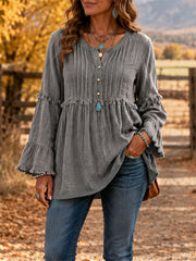 Damen-Vintage-Fringe-Trim-Leinen hemd mit Knöpfen