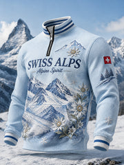 Herren-Sweatshirt im Alpin-Stil mit Waffelstruktur, langen Ärmeln und Mock-Neck