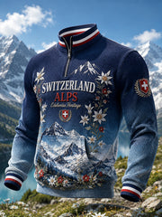 Herren-Sweatshirt im Alpin-Stil mit Waffelstruktur, langen Ärmeln und Mock-Neck