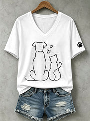 Frauen niedliche Katze und Hund Linie Kunst T-Shirt