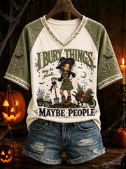 Damen-Halloween-Floral‑Freizeit‑T‑Shirt mit dem Spruch „Ich begrabe Dinge, vielleicht Pflanzen, vielleicht Menschen“