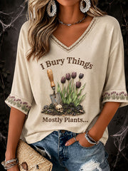 Damen-Halloween-Floral‑Freizeit‑T‑Shirt mit dem Spruch „Ich begrabe Dinge, meist Pflanzen, manchmal Menschen“