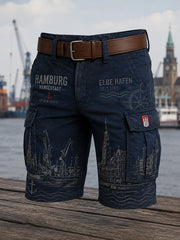 Herren-Kurz-Cargohose im Retro-Stil mit städtischem Grafikdruck