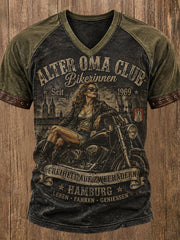 Damen-Vintage-T-Shirt mit Slogan-Print, Raglanärmeln und V-Ausschnitt