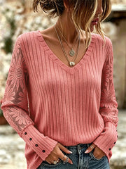 Damen Vintage Sonnenblumen Spitze Patchwork V-Ausschnitt Pullover