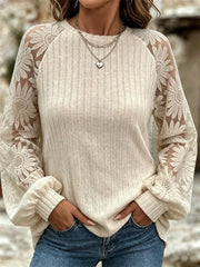 Damen Vintage Klassische Sonnenblumen Spitze Patchwork Raglan Pullover