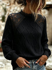Damen Vintage Blumen spitze Patchwork Spitze mit Spitzen besatz, gemütlicher Strick pullover