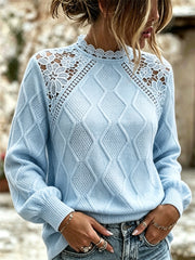 Damen Vintage Blumen spitze Patchwork Spitze mit Spitzen besatz, gemütlicher Strick pullover