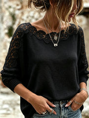 Damen noble florale hohle Spitze Patchwork Fuzzy bequeme Pullover