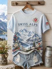 Kurzärmeliges Strick-T-Shirt für Damen mit alpinem Blumenmuster