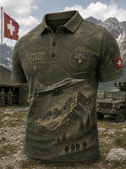 Herren-Poloshirt mit kurzen Ärmeln und vintage Militär-Print