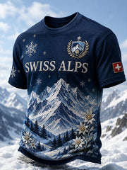 Herren-T-Shirt aus Waffelstrick mit alpinem Blumenmuster und kurzen Ärmeln