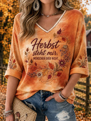 Damen-T-Shirt im Herbststil mit mittellangen Ärmeln und V-Ausschnitt