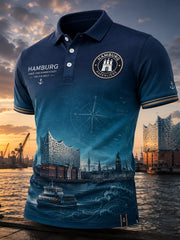 Herren-Poloshirt mit kurzen Ärmeln und urbanem, erinnerungsträchtigem Grafikdruck
