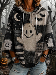 Damen-Halloween-Kapuzenpullover mit niedlichem Geister-Patchwork-Print, lässig, 3/4-Ärmel