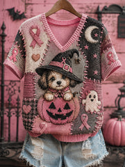 Damen-Halloween-T-Shirt mit pinkem Hund und rosa Schleife, Brustkrebsbewusstseins-Design, V-Ausschnitt