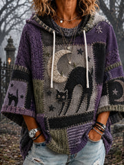 Damen-Halloween-Kapuzenpullover in Schwarz mit Patchwork-Print und 3/4-Ärmeln, lässiger Stil