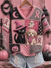 Damen-Halloween-Top mit V-Ausschnitt, pinker Schleifenprint in Rosa zu Ehren von Hunden und Katzen, zur Unterstützung der Brustkrebsaufklärung