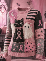 Damen-Halloween-Pullover in Pink mit Geister- und Katzenmotiv sowie pinker Schleifen-Print zur Unterstützung der Brustkrebsaufklärung