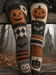 Damen-Halloween-Leggings mit Patchwork-Print und Kürbisgesichtern