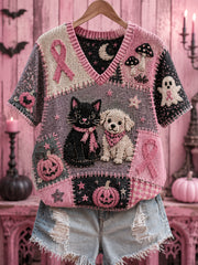 Damen-Halloween-Top mit V-Ausschnitt, pinker Schleifenprint in Rosa zu Ehren von Hunden und Katzen, zur Unterstützung der Brustkrebsaufklärung