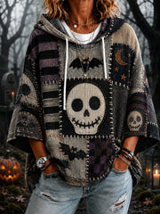 Damen-Halloween-Kapuzenpullover mit Totenkopf-Patchwork-Print und 3/4-Ärmeln