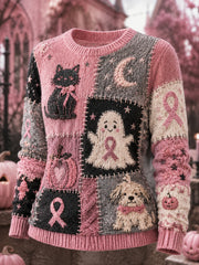Damen-Halloween-Pullover in Pink mit Geister- und Katzenmotiv sowie pinker Schleifen-Print zur Unterstützung der Brustkrebsaufklärung