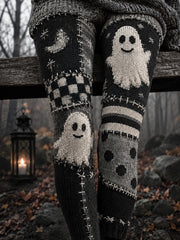 Damen-Halloween-Leggings mit niedlichem Geister-Patchwork-Print