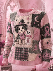 Damen-Halloween-Pullover in Pink mit Geister- und Hundemotiv sowie rosa Schleifenmuster zur Unterstützung der Brustkrebsaufklärung