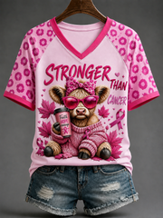 Kurzärmliges T-Shirt mit V-Ausschnitt, schulter frei, Frauen stärker als Krebs