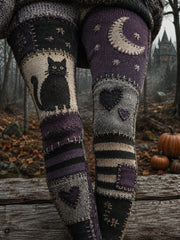 Damen-Halloween-Leggings mit Patchwork-Print und schwarzer Katze