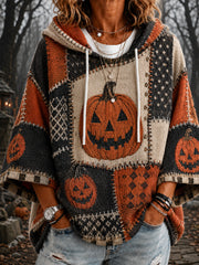 Damen-Halloween-Kapuzenpullover mit Kürbis-Gesichts-Muster in Patchwork-Optik und 3/4-Ärmeln