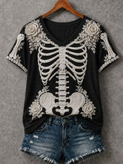 Damen-Halloween-Skelett-Print-T-Shirt mit kurzen Ärmeln