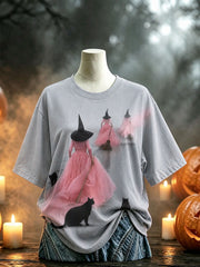 Damen Halloween Hexe Schwarze Katze Kurzarm T-Shirt