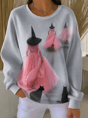 Damen Halloween Hexe Schwarze Katze Geripptes Sweatshirt mit Rundhals ausschnitt