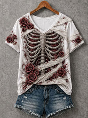 Kurzarm-T-Shirt mit Halloween-Skelett druck für Damen