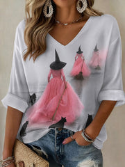 Damen-Halloween-Hexe schwarze Katze mittellange Ärmel mit V-Ausschnitt T-Shirt