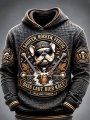 Herren-Vintage-Deutsch-Bier-Französische-Bulldogge-Print lässiger Kapuzenpullover aus Waffelstruktur