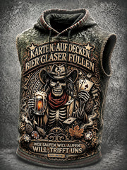 Herren-Vintage-Weste im deutschen Bierstil mit lässigem Slogan-Print und Kapuze