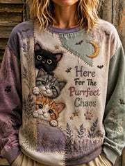 Damen-Kapuzenpullover mit floralem Patchwork und Katzenmuster
