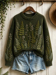 Damen-Vintage-Pullover mit Waldfarn- und Blumenmuster sowie Rundhalsausschnitt