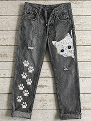 Damen-Knopf-Tier-Katzen-Kunstdruck-Hosen