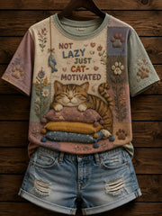Frauen-T-Shirt mit Patchwork- und lustigem Katzenmuster