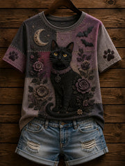 Damen-T-Shirt im gotischen Stil mit Patchwork und floraler Katzen-Print-Optik