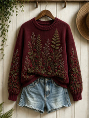 Damen-Vintage-Pullover mit Blumenmuster mit Waldbeeren und Farn, Rundhalsausschnitt