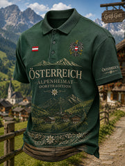 Herren-Poloshirt mit kurzen Ärmeln und rustikalem, kulturellem Motivdruck