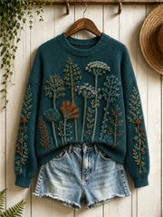 Damen-Vintage-Pullover mit Waldfarn- und Blumenmuster sowie Rundhalsausschnitt