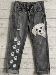 Damen-Knopf-Tier-Hund-Kunstdruck-Hosen