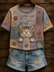 Frauen-T-Shirt mit Patchwork- und lustigem Katzenmuster